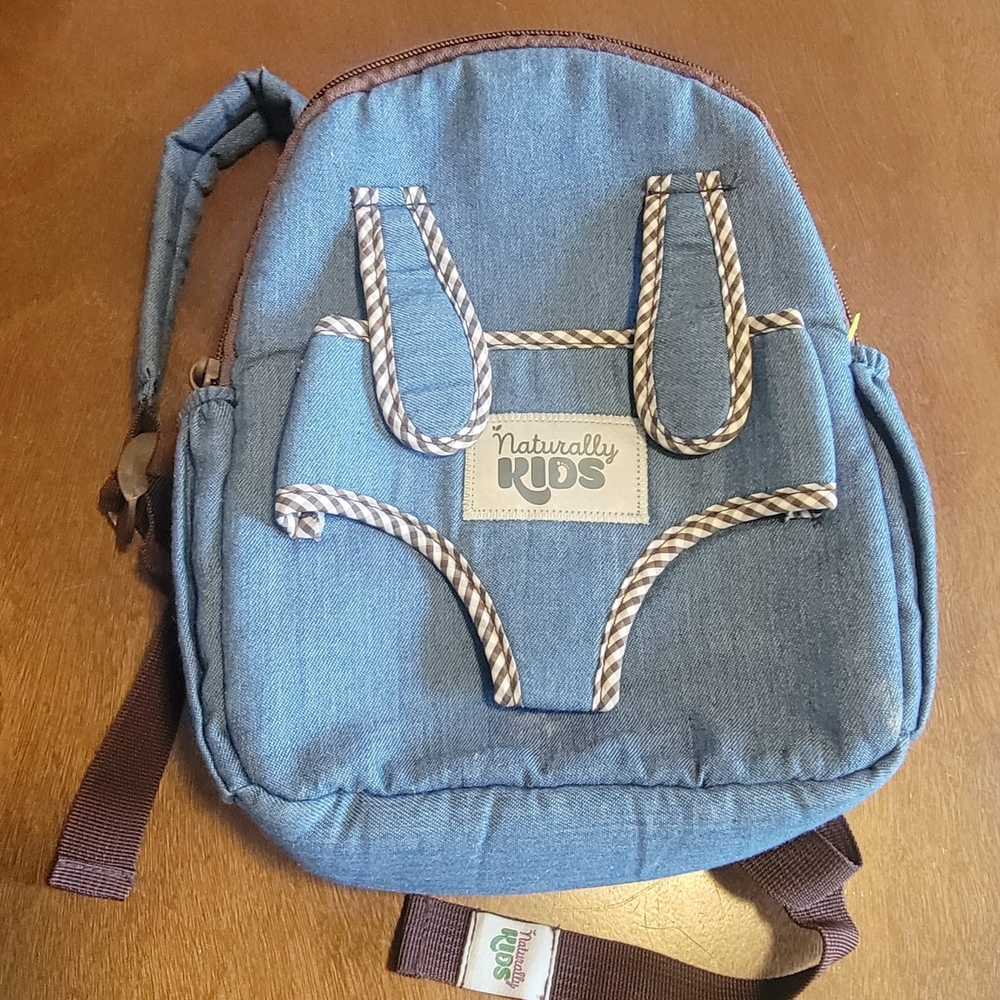Blue Denim Toddler Backpack with Brown Trim